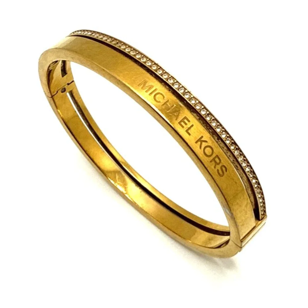 Michael Kors Gold Tone Crystal Rhinestone Bracelet Hinged Logo Bangle 7.5